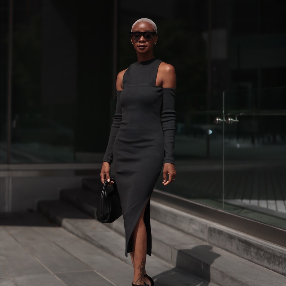 Off-Shoulder Black Midi Dress with Side Slit